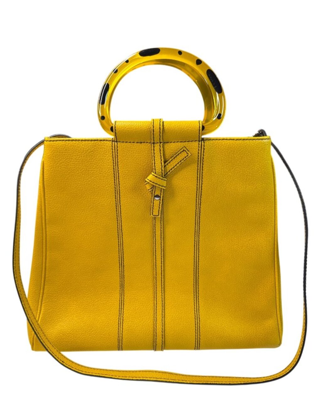 Christine DeGennaro Yellow Leather Handbag With Polka Dot Acrylic Handles & Adju